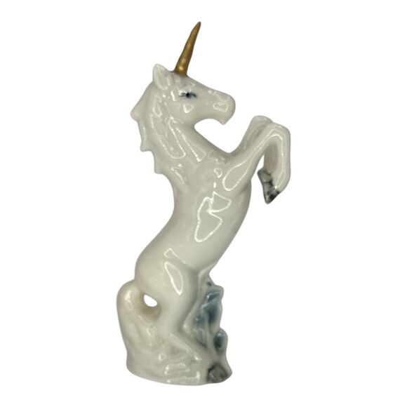 Vintage 1990s Painted Unicorn Figurine Cream Blue Display Rearing Y2K - Picture 1 of 3